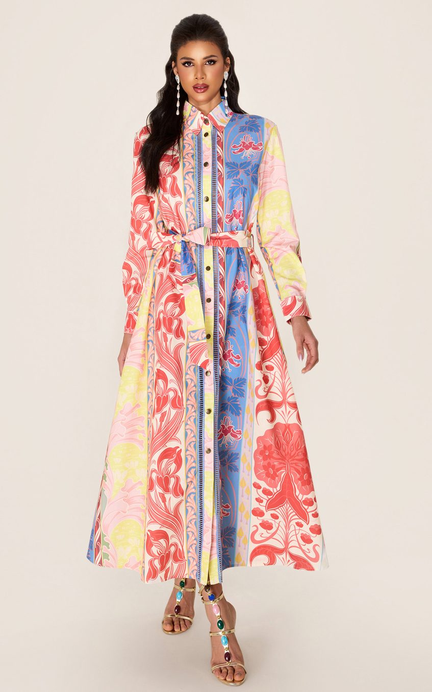 Botanical Print Long Sleeve Midi Dress