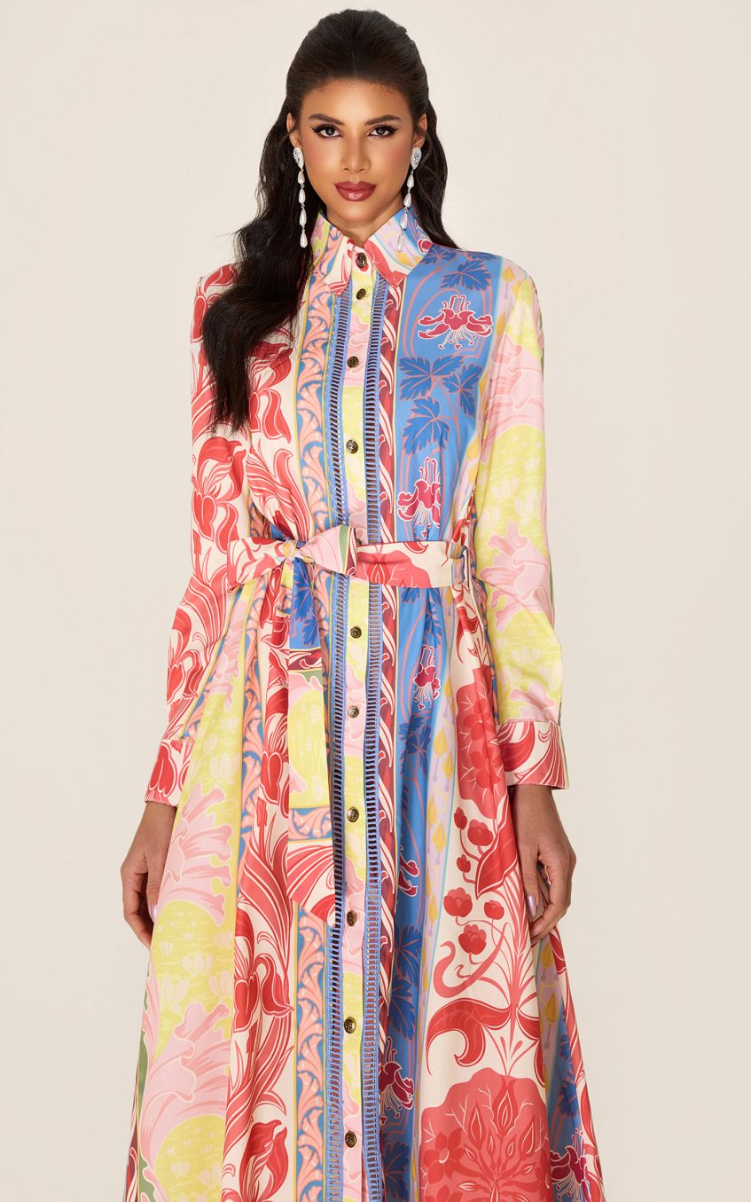 Botanical Print Long Sleeve Midi Dress