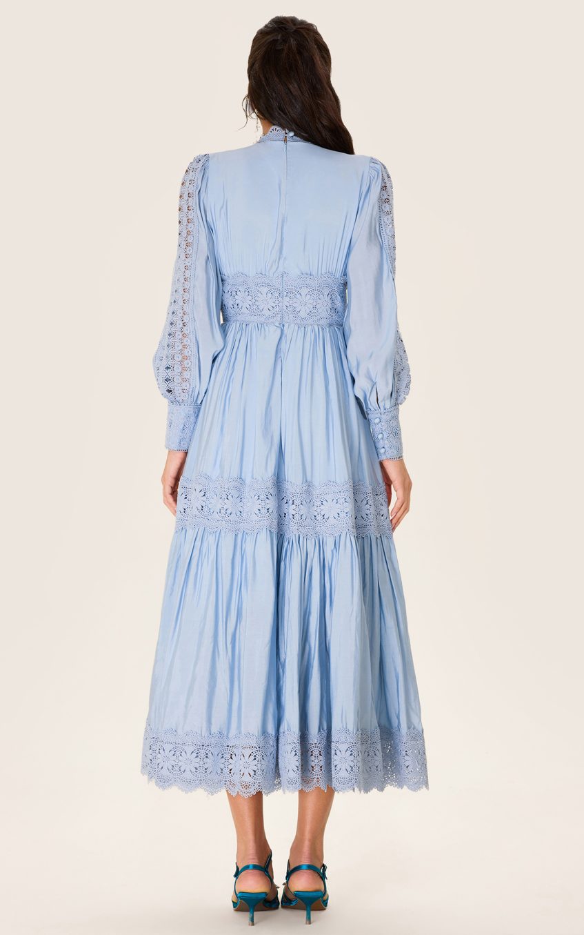 Lace Lantern Sleeve Solid Midi Dress