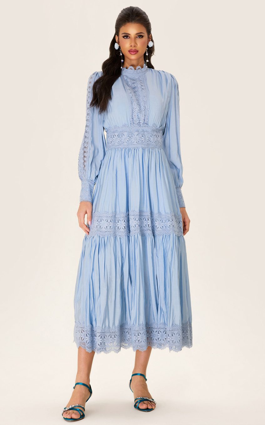 Lace Lantern Sleeve Solid Midi Dress