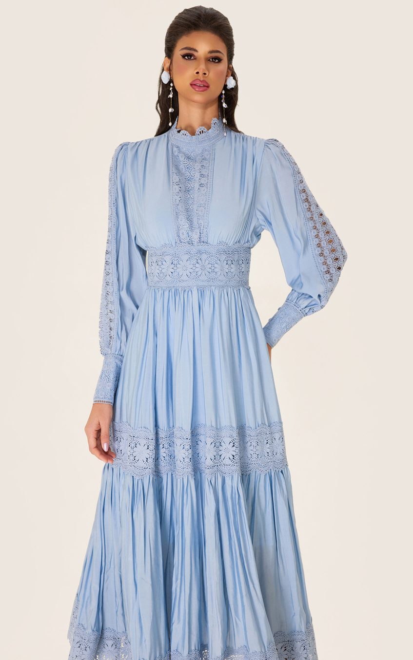 Lace Lantern Sleeve Solid Midi Dress