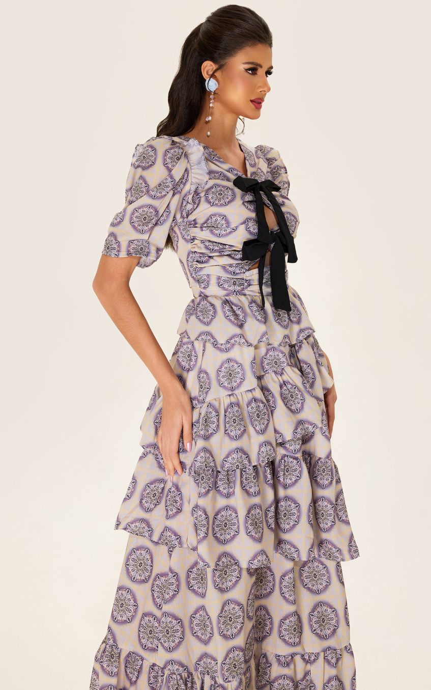 Ruffle Puff Sleeve Bow Midi Dress