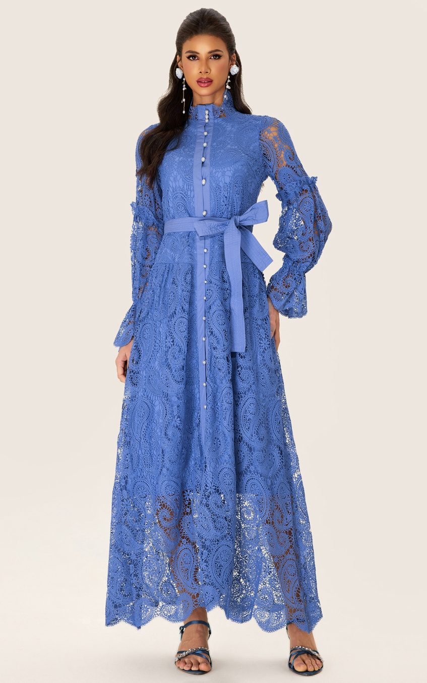 Single Breasted Lace Split Midi Dress