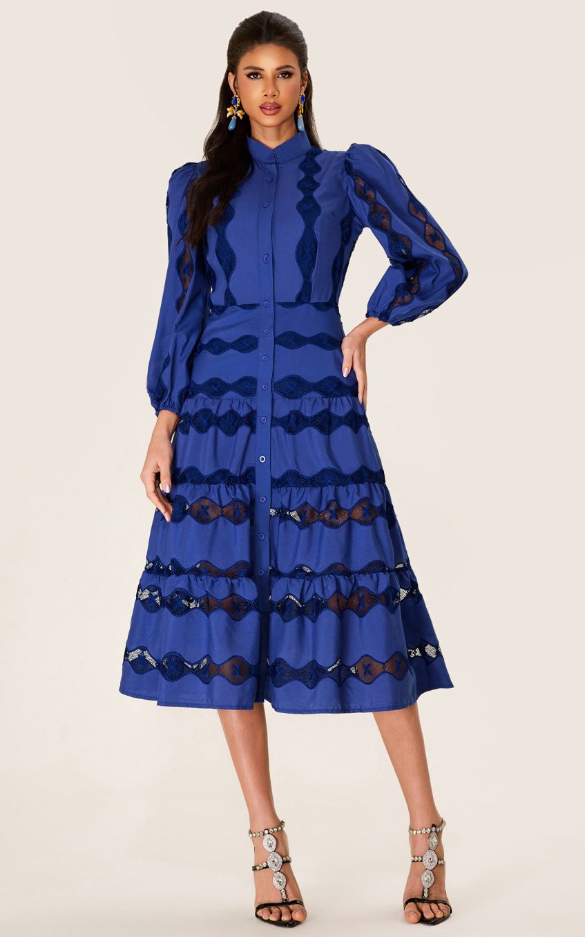 Embroidered Solid Bottom Midi Dress