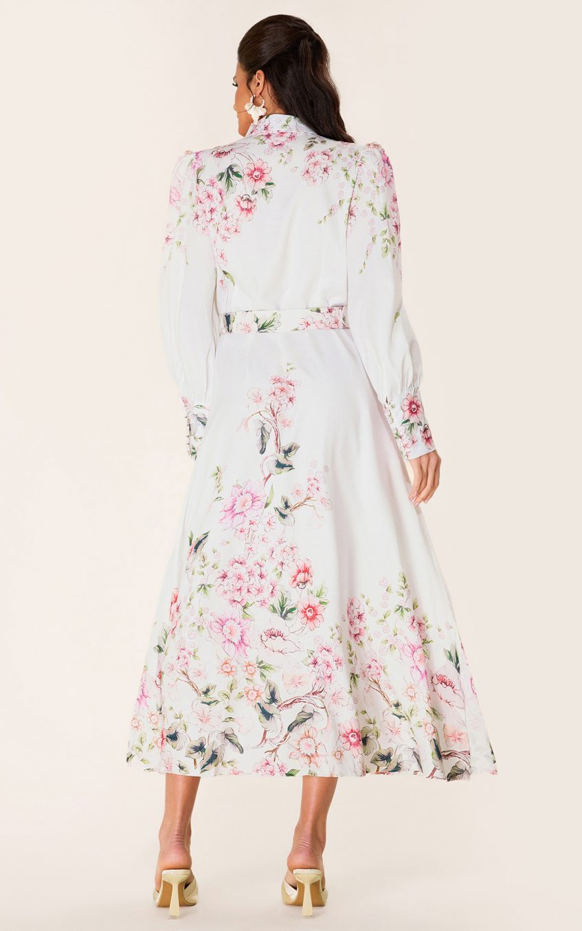 Floral Lantern Sleeve Midi Dress With Belt