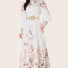 Floral Lantern Sleeve Midi Dress With Belt