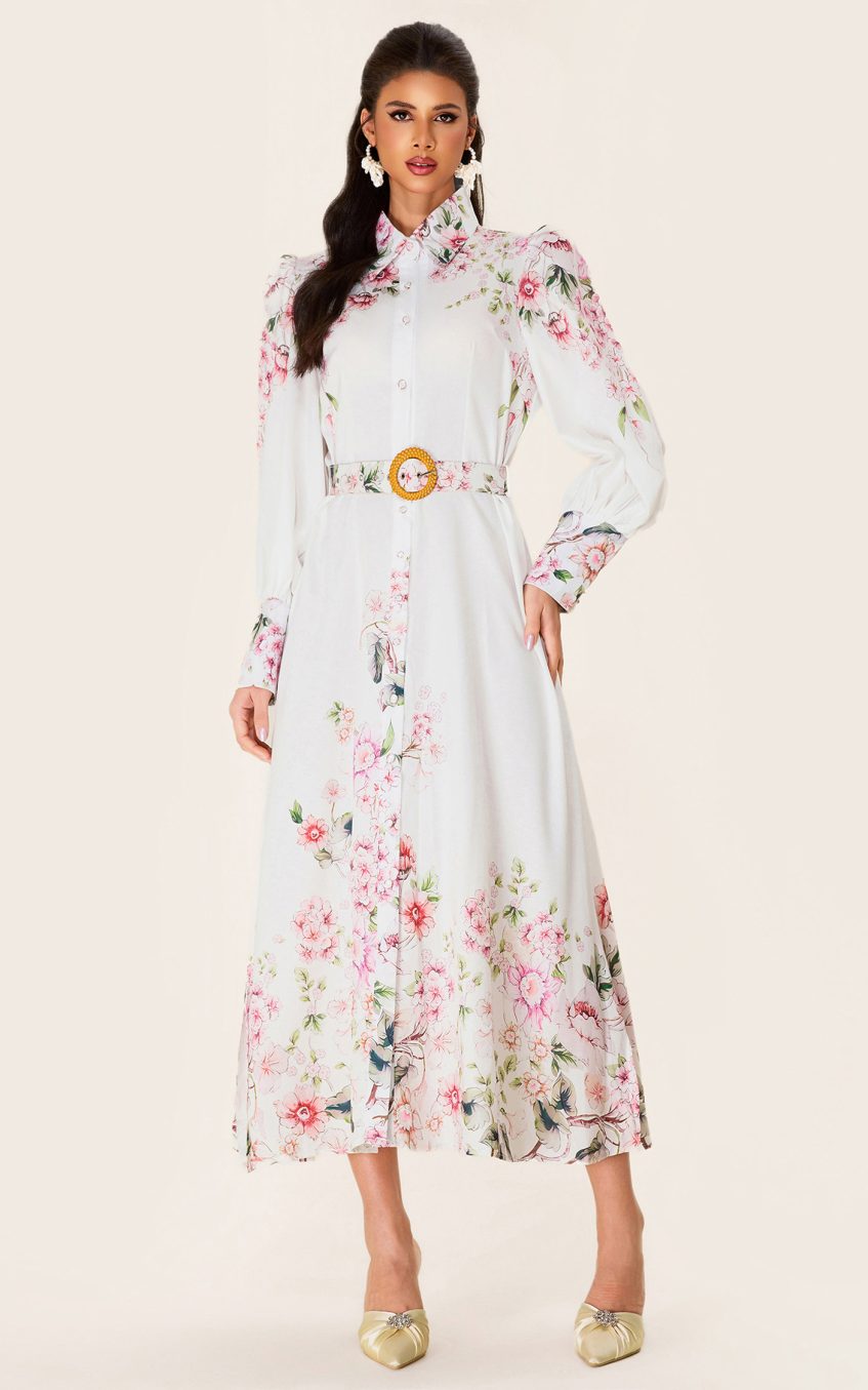 Floral Lantern Sleeve Midi Dress With Belt