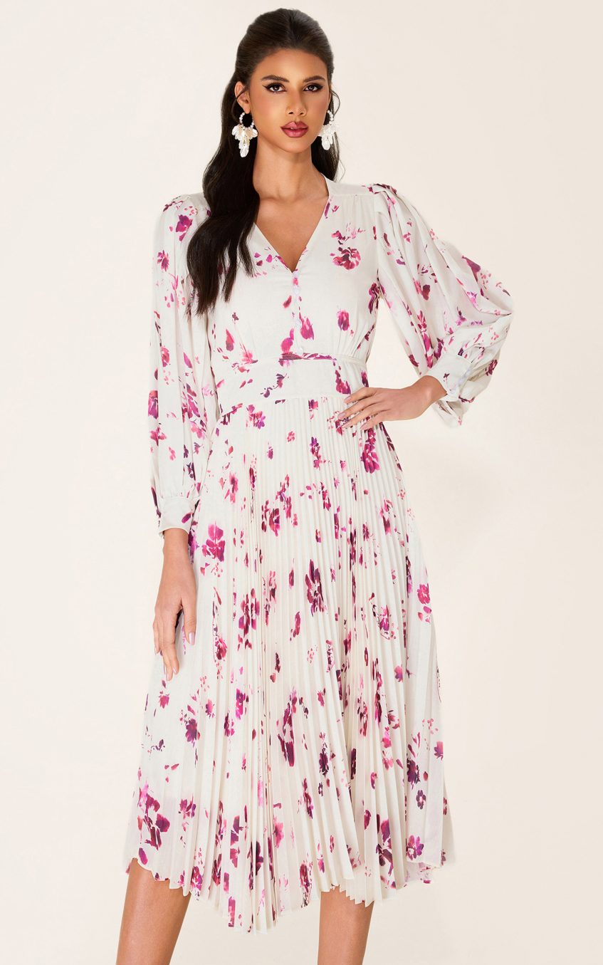 Chiffon Floral V-Neck Midi Dress