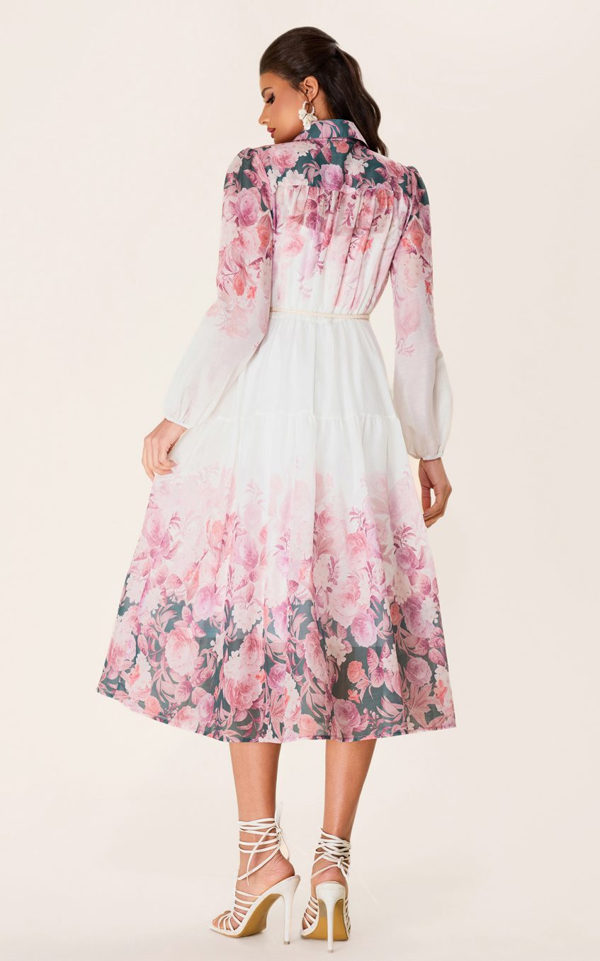 Floral Shirt Collar Long Sleeve Midi Dress
