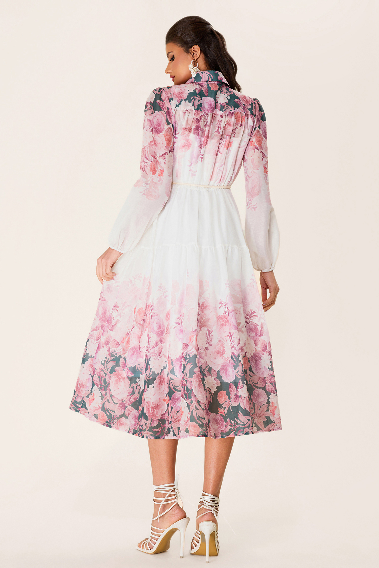 Floral Shirt Collar Long Sleeve Midi Dress