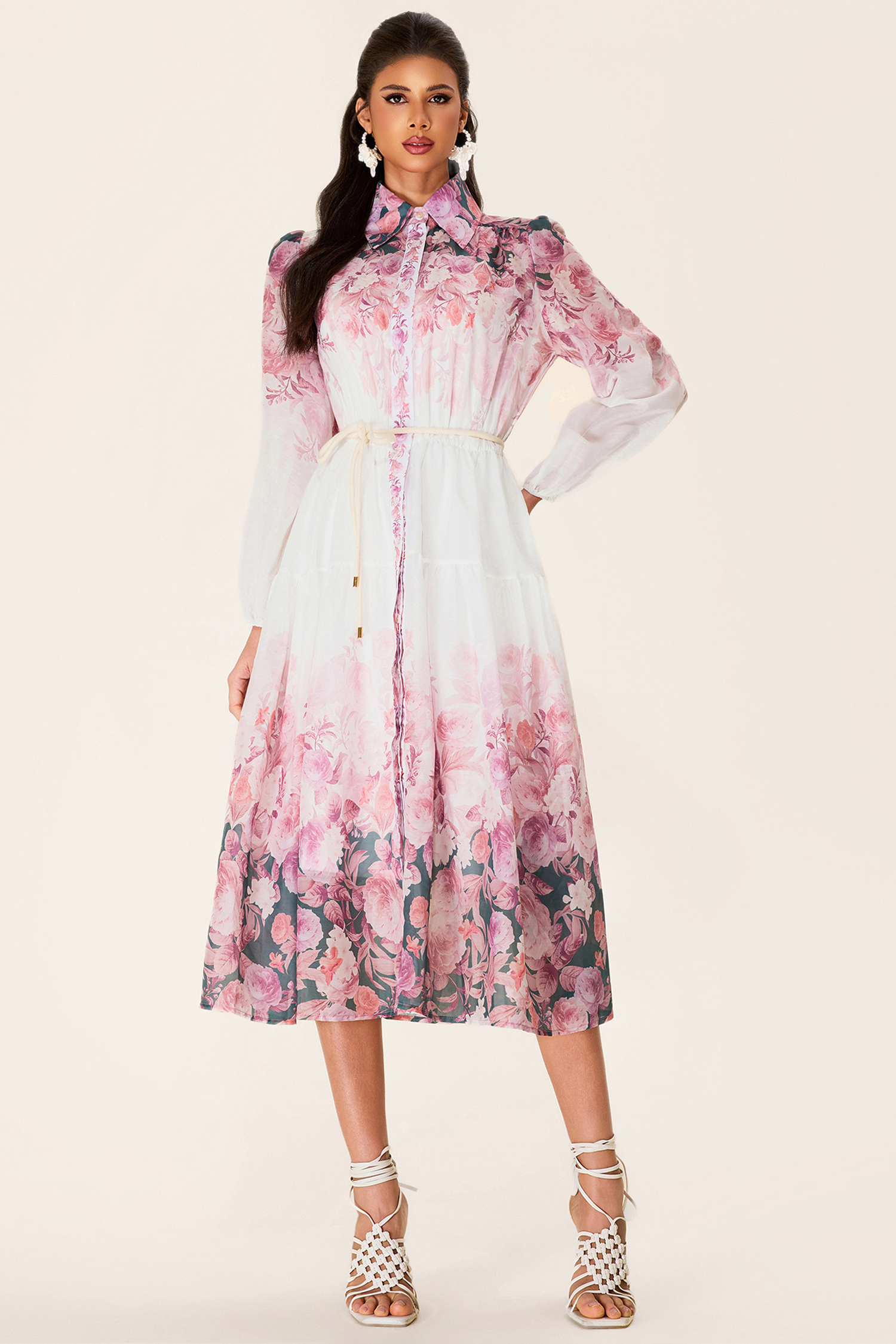 Floral Shirt Collar Long Sleeve Midi Dress