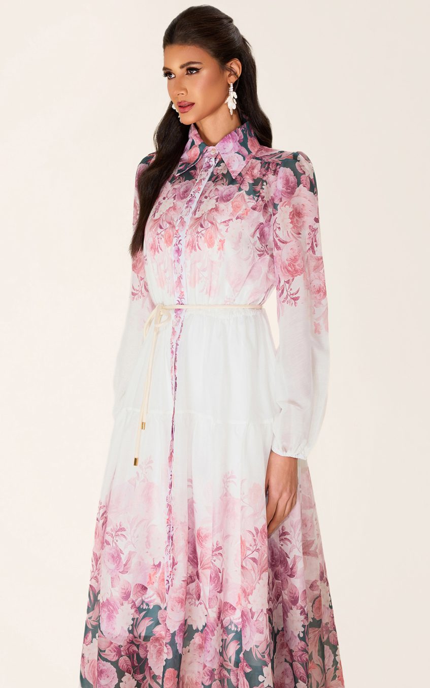 Floral Shirt Collar Long Sleeve Midi Dress