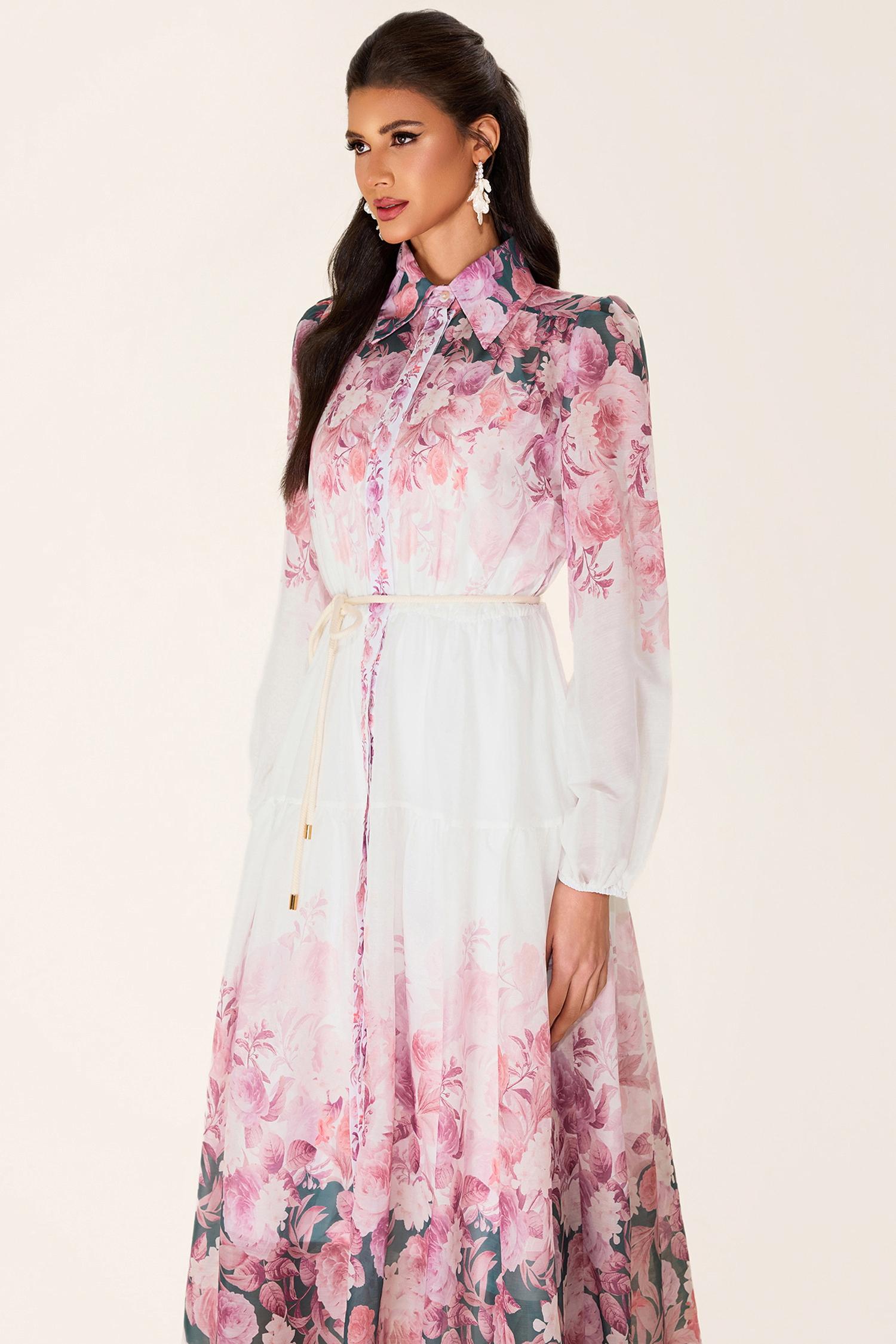 Floral Shirt Collar Long Sleeve Midi Dress