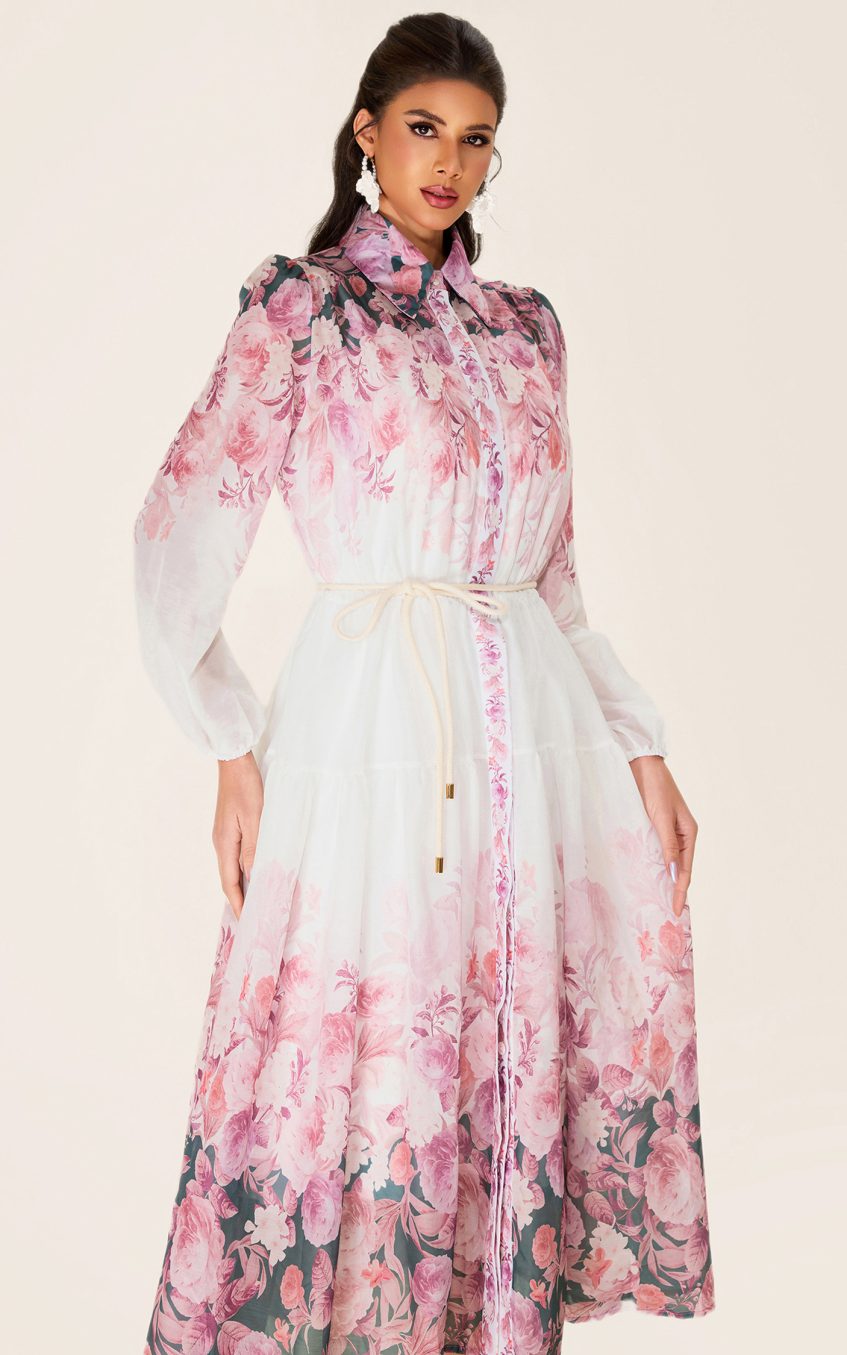 Floral Shirt Collar Long Sleeve Midi Dress