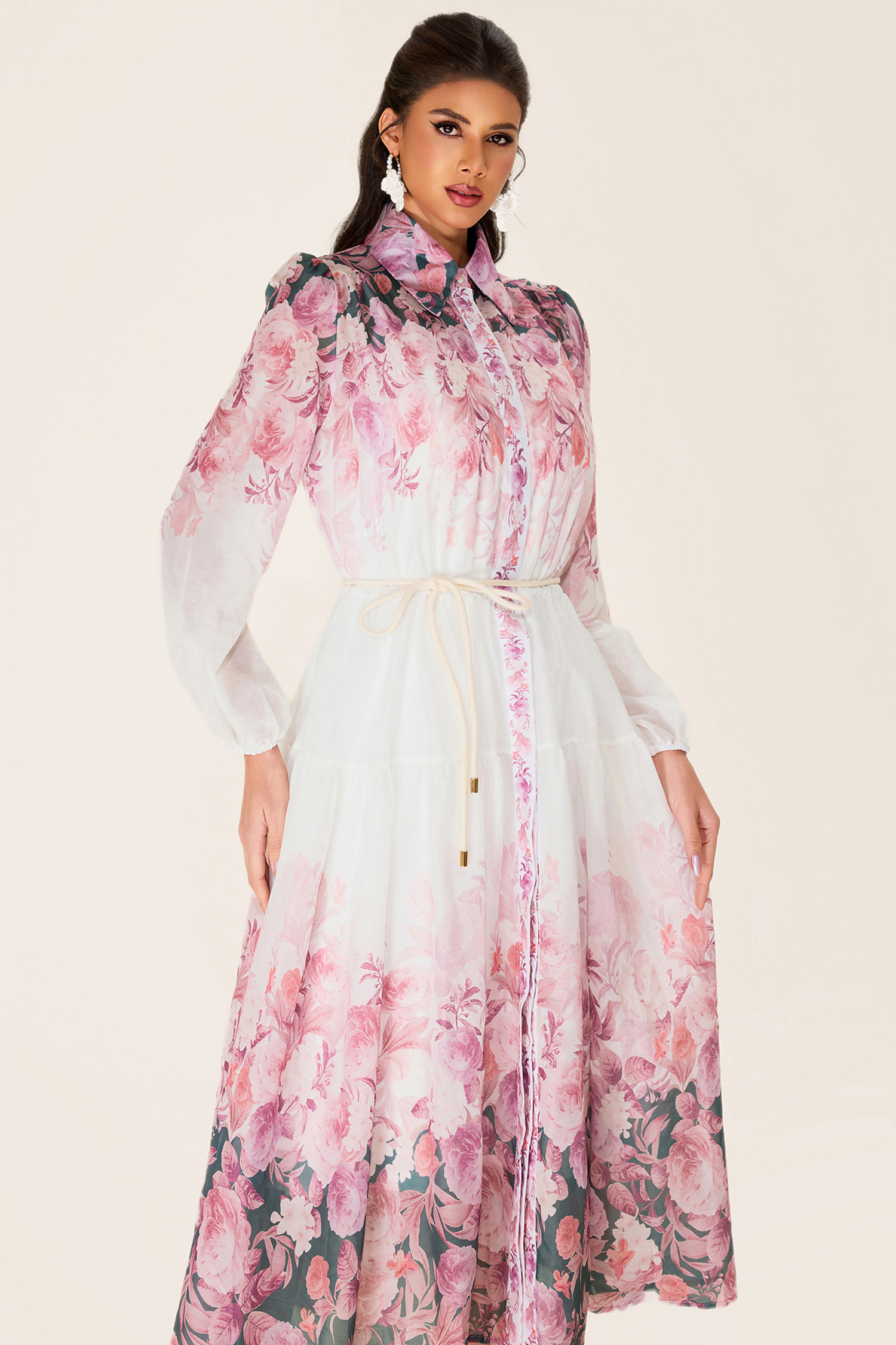Floral Shirt Collar Long Sleeve Midi Dress