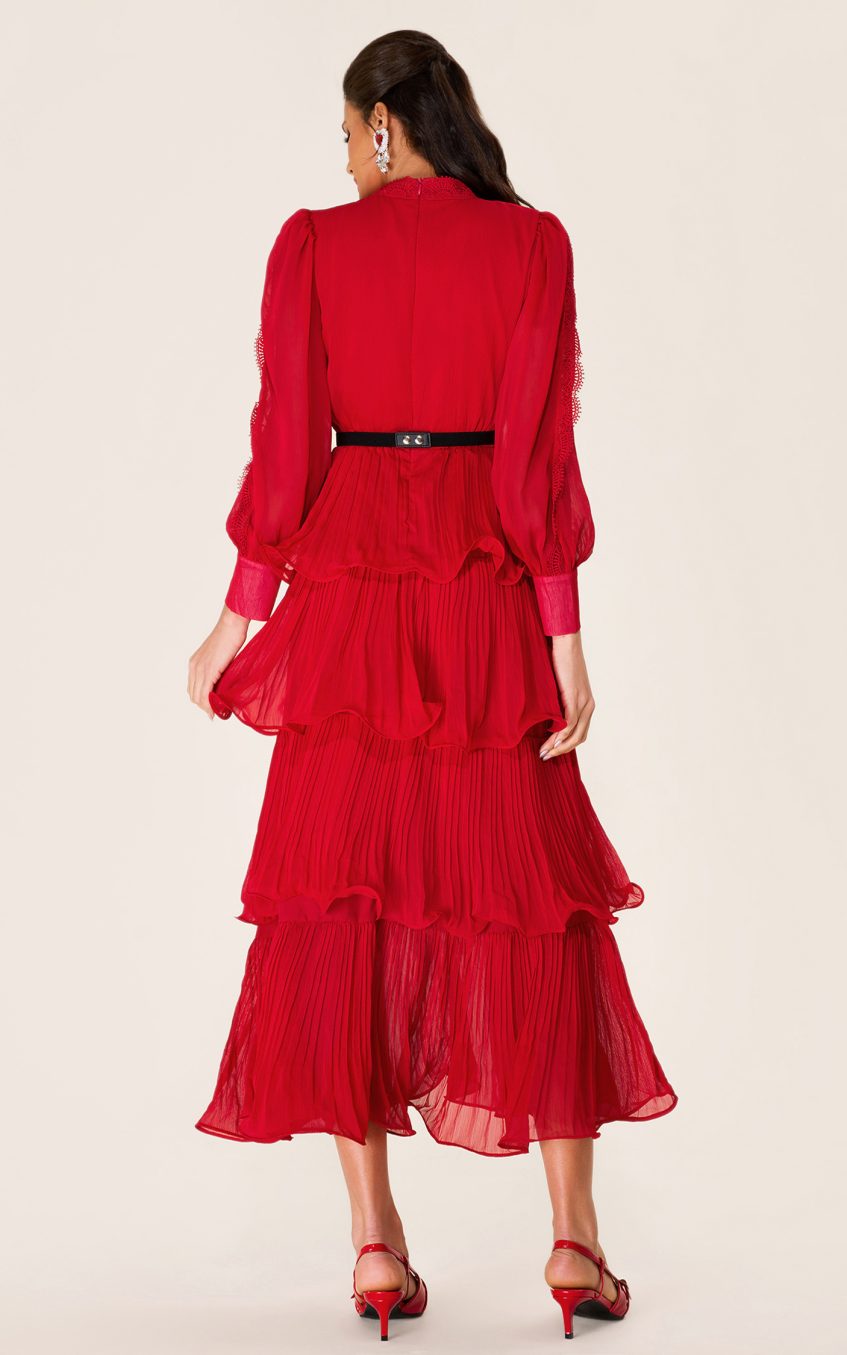 Solid Embroidered Ruffle Stand Collar Maxi Dress