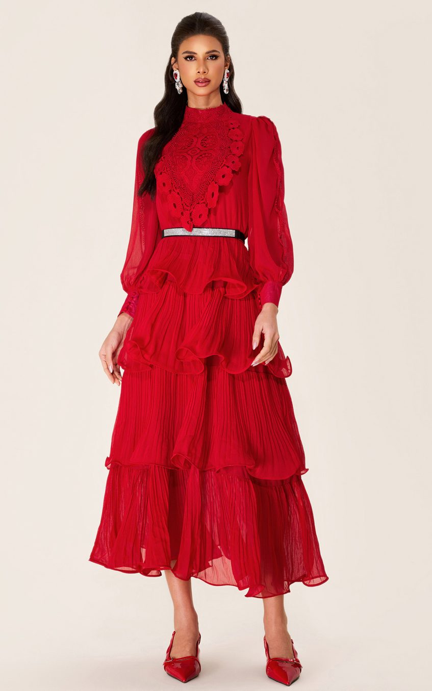 Solid Embroidered Ruffle Stand Collar Maxi Dress