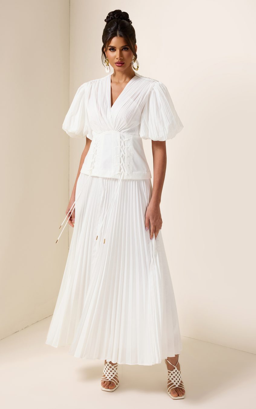 Solid Pleated Lace Up Midi Dress