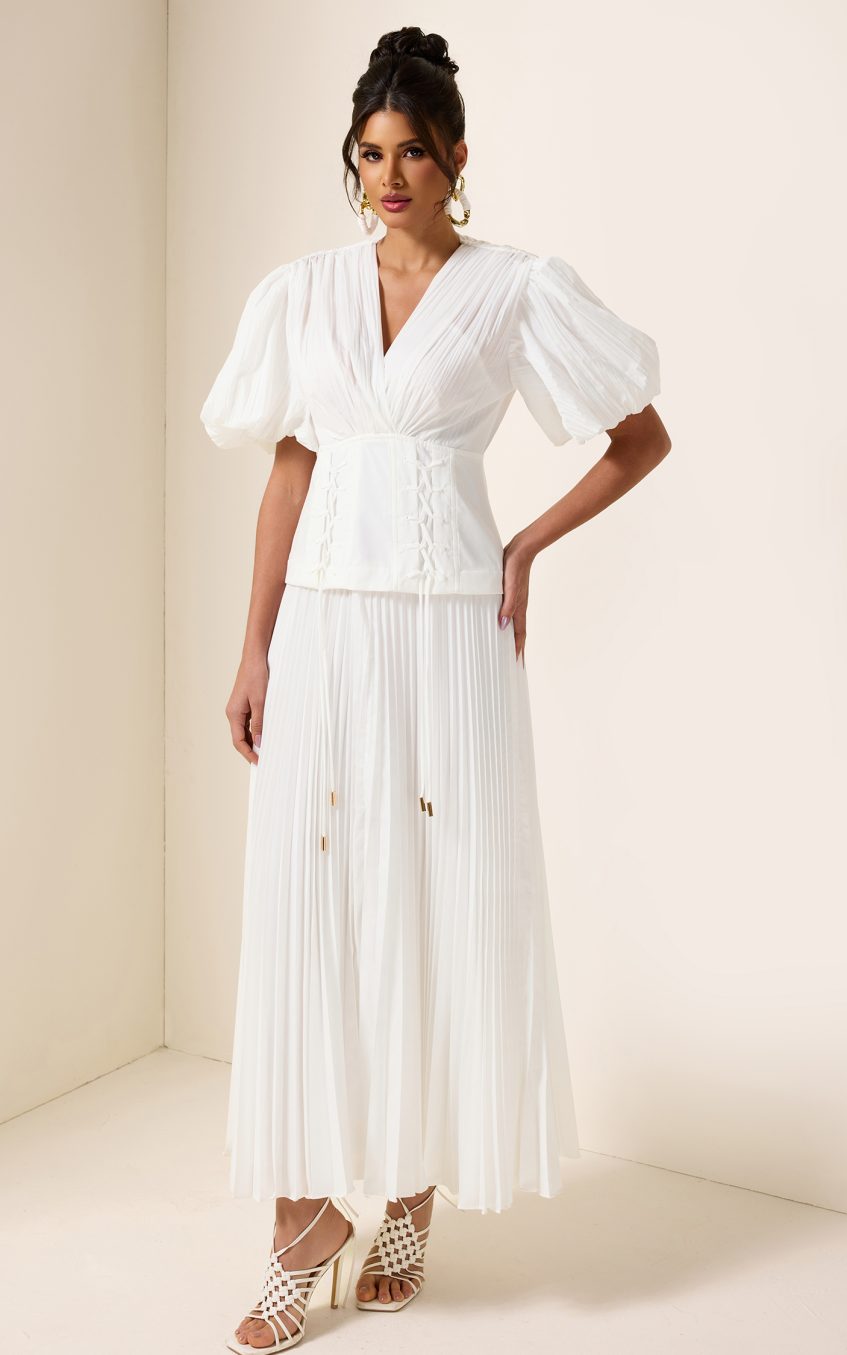 Solid Pleated Lace Up Midi Dress