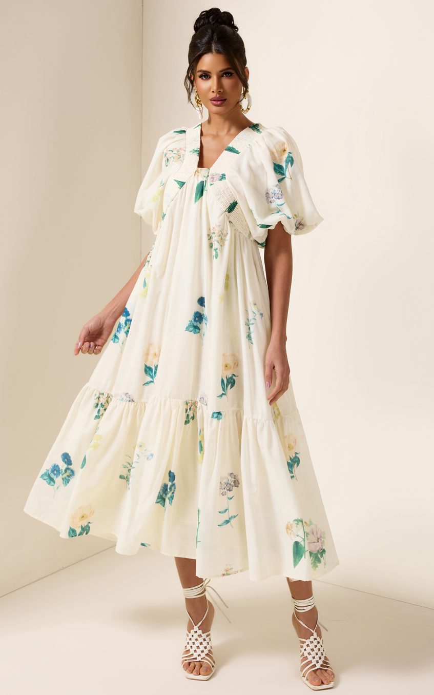 Floral Puff Sleeve Smocking Midi Dress