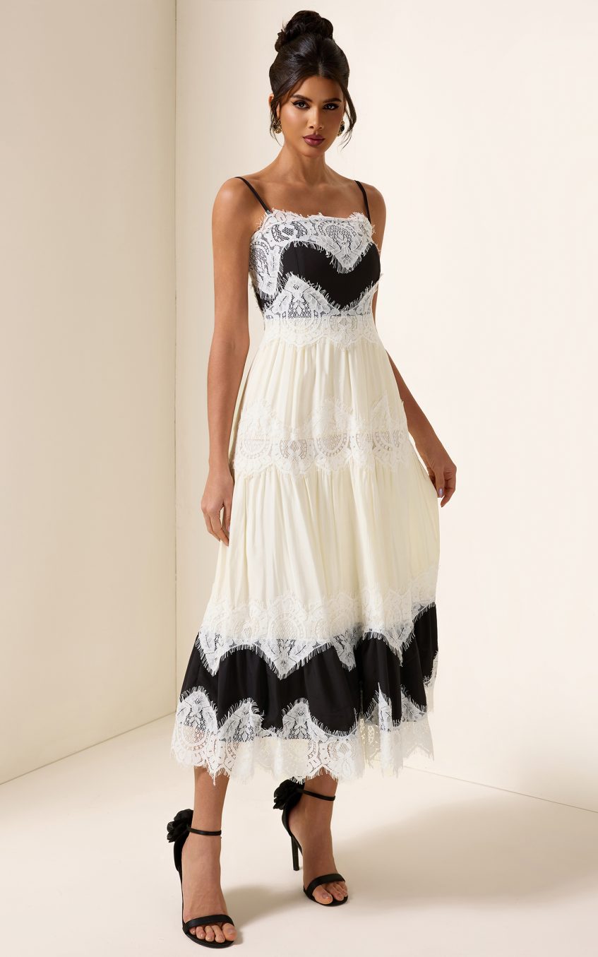 Lace Splicing Square Neck Midi Dress