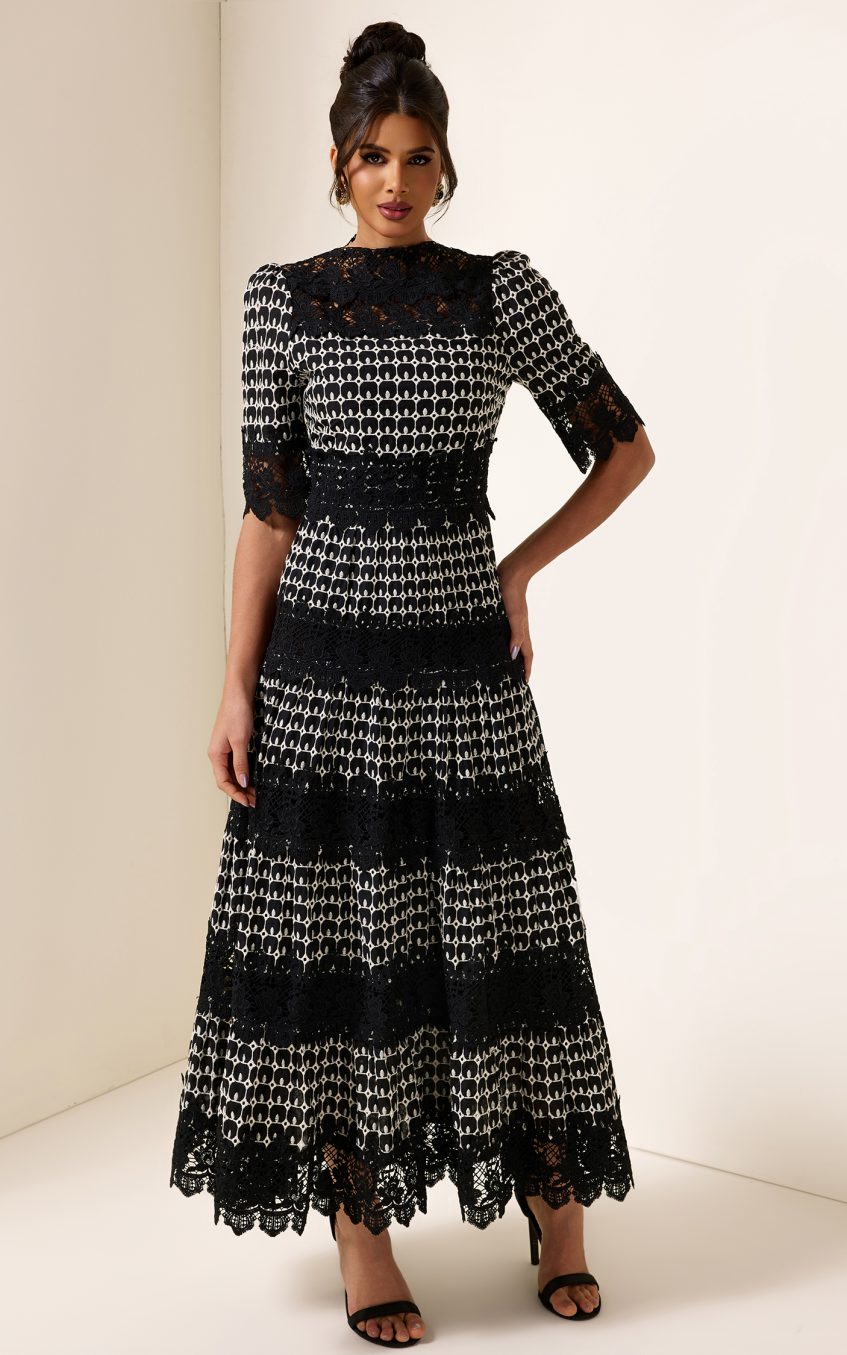 Lace Embroidery Short Sleeve Midi Dress