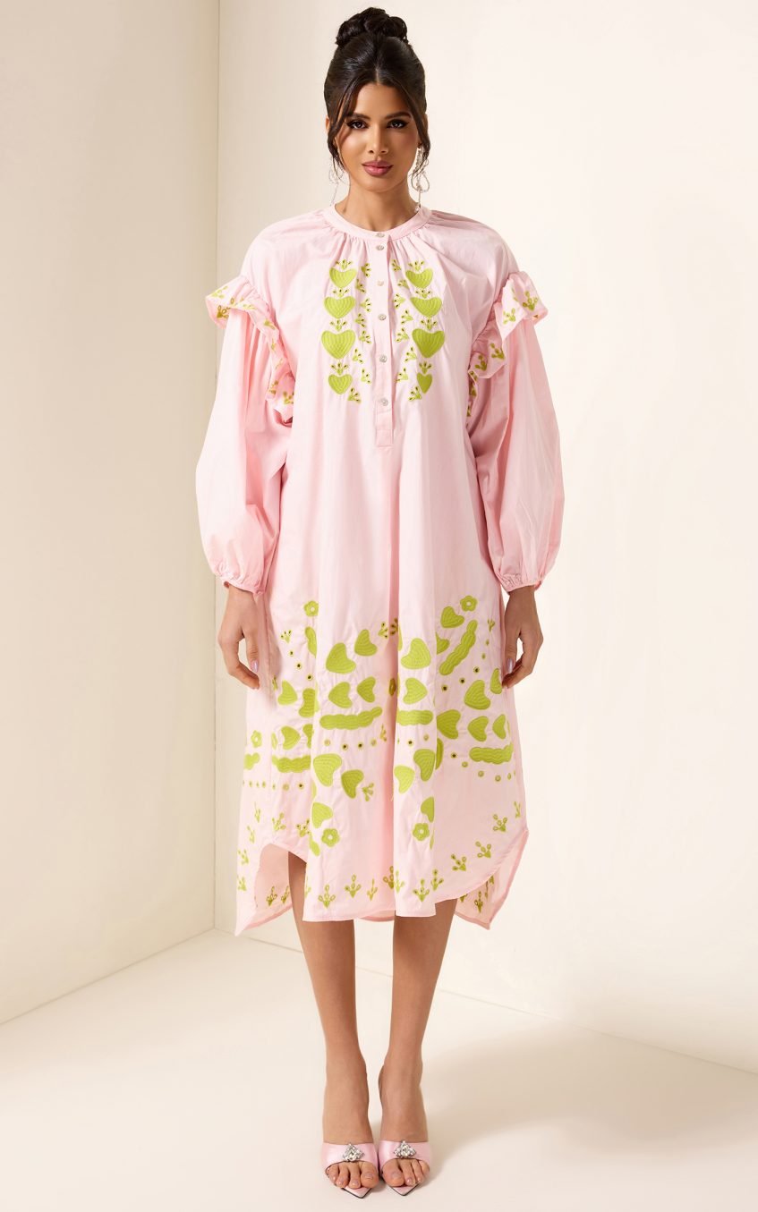 Embroidered Lantern Sleeve Heart Print Midi Dress