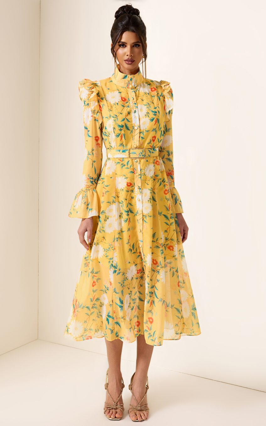 Floral Frill Butterfly Sleeve Midi Dress With Belt