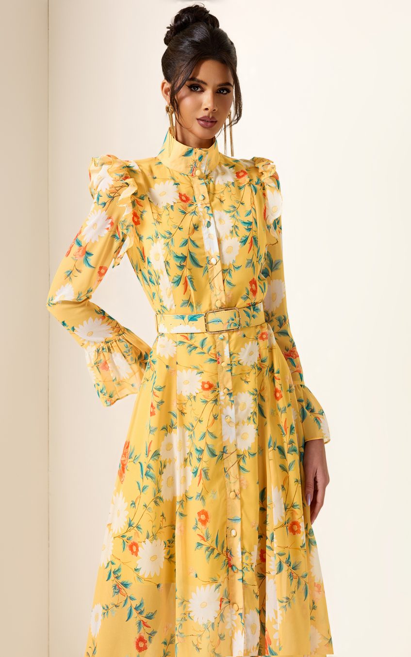 Floral Frill Butterfly Sleeve Midi Dress With Belt