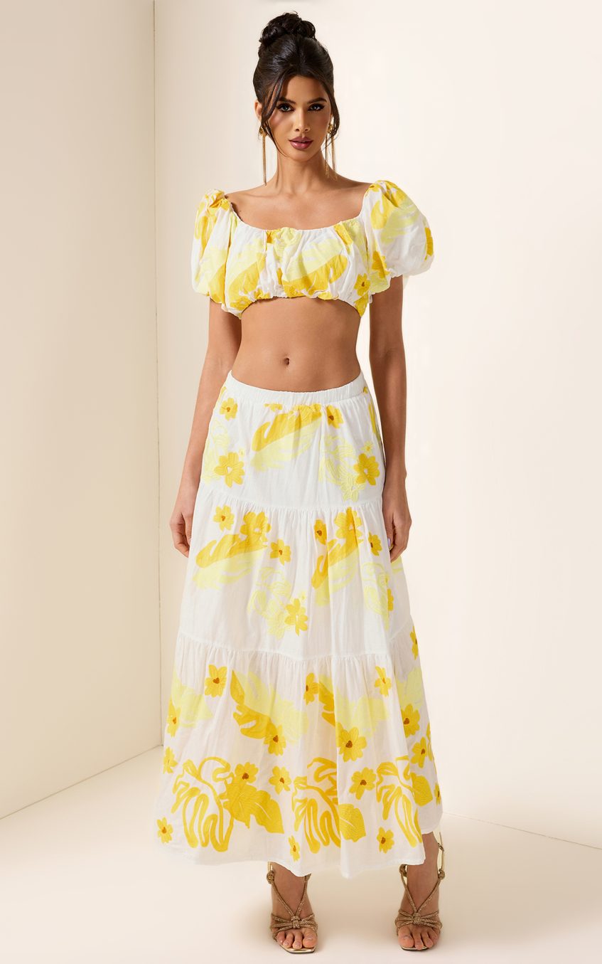 Embroidery Off-Shoulder Top & High Waist Midi Dress Set