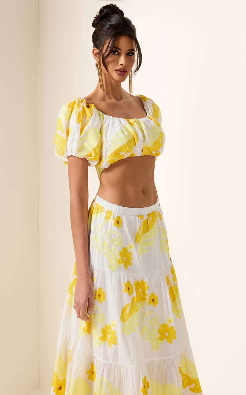 Embroidery Off-Shoulder Top & High Waist Midi Dress Set