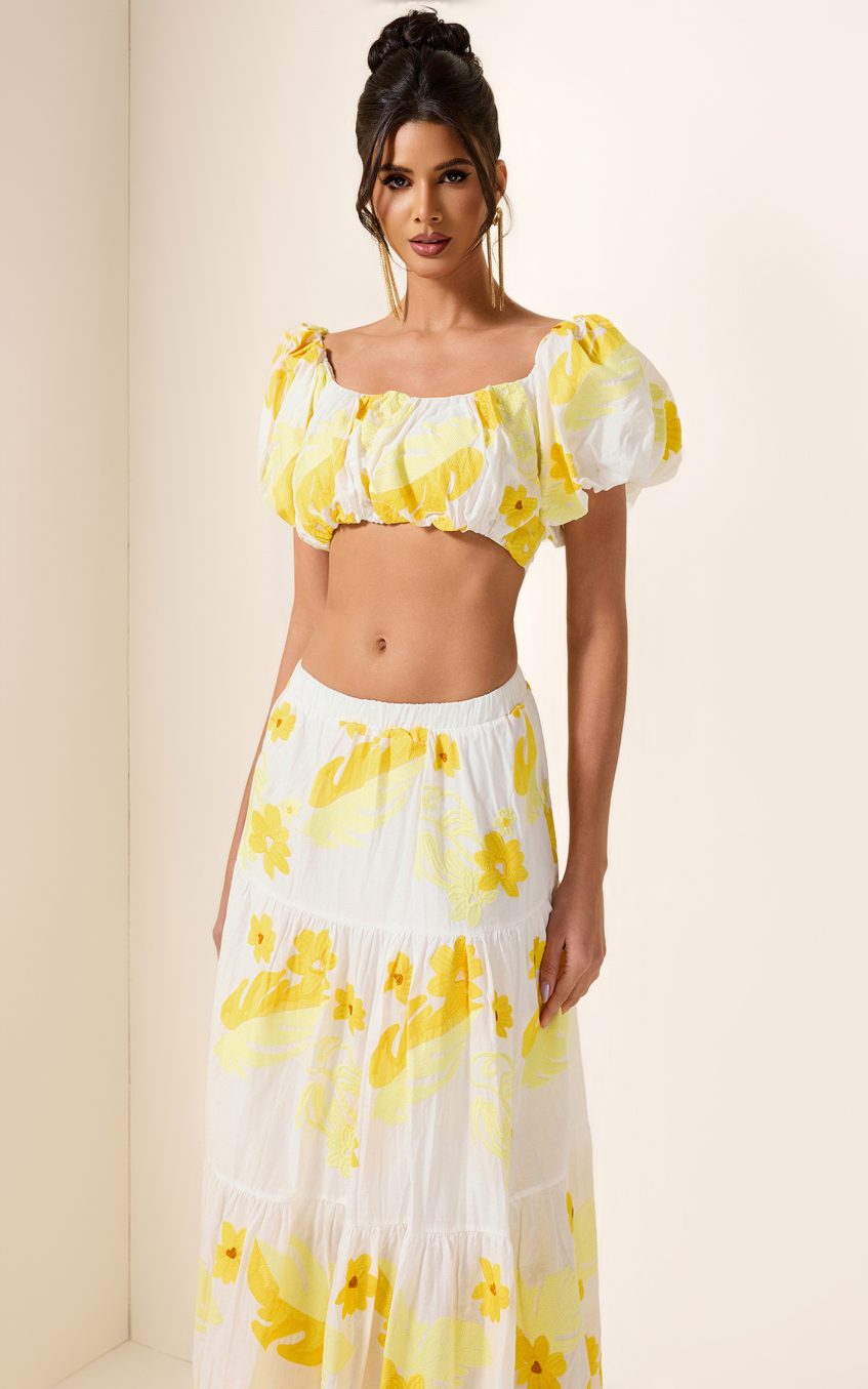 Embroidery Off-Shoulder Top & High Waist Midi Dress Set