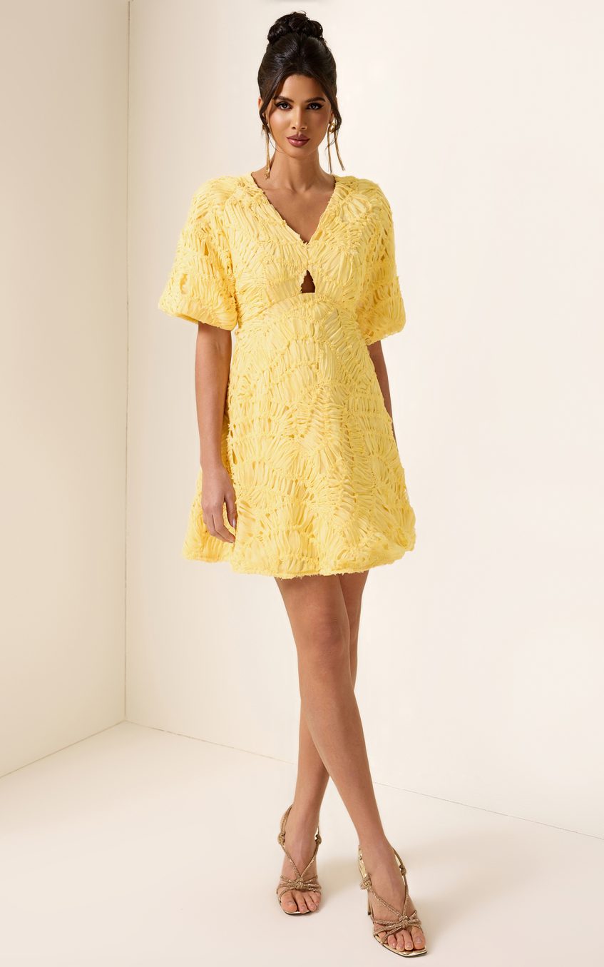 Cut-Out V-Neck Puff Sleeve Mini Dress