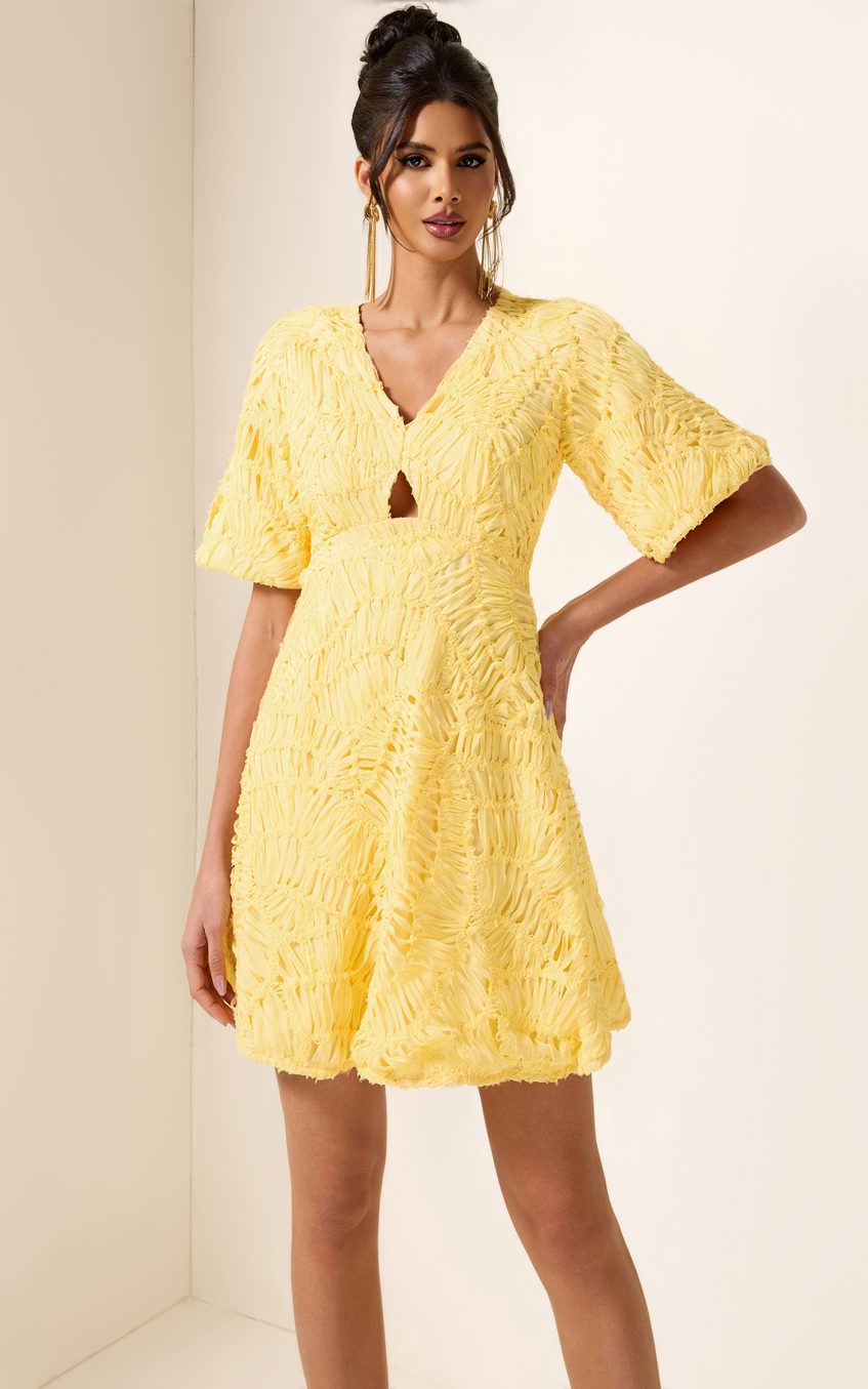 Cut-Out V-Neck Puff Sleeve Mini Dress