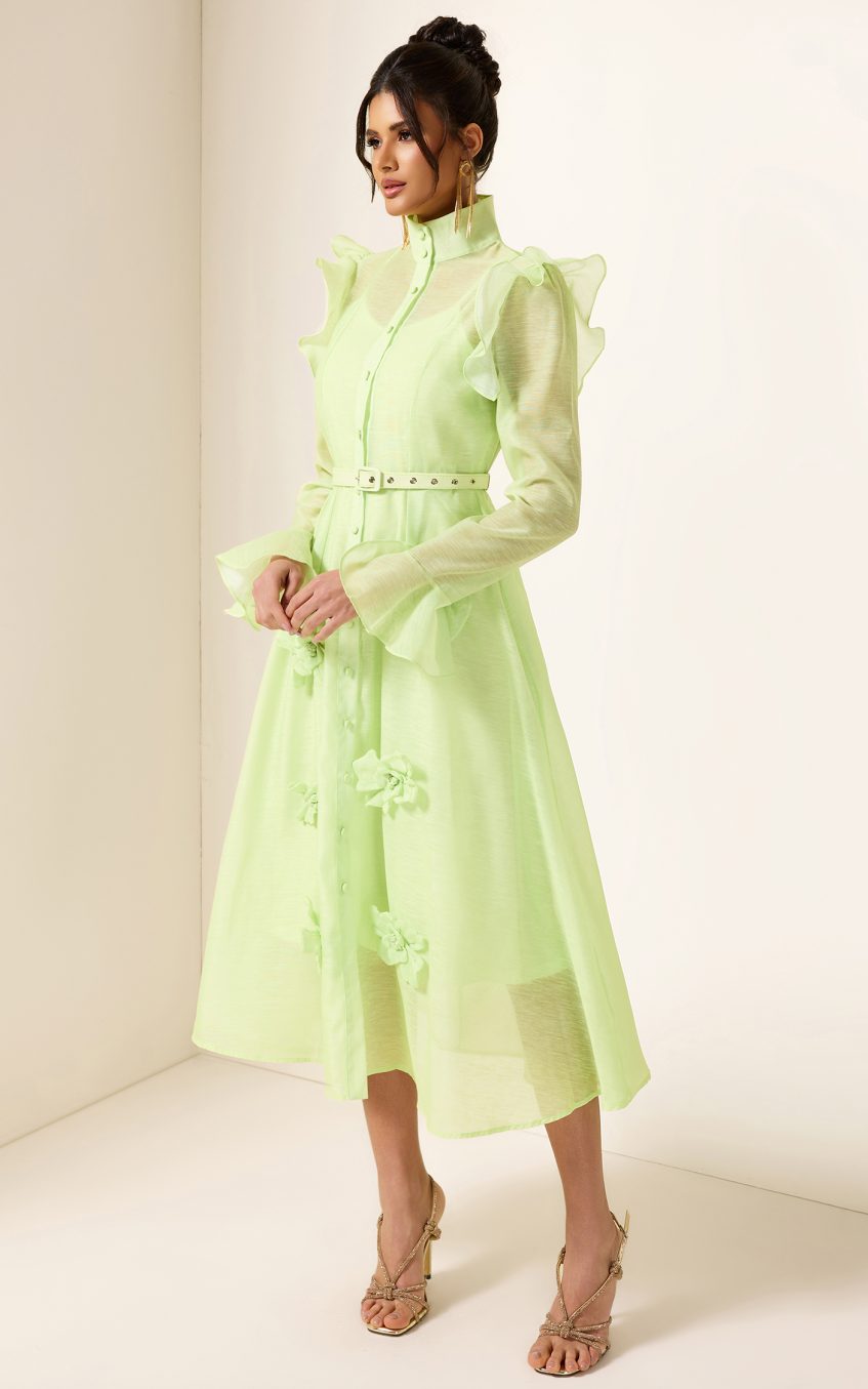 Solid 3D Floral Frill Midi Dress