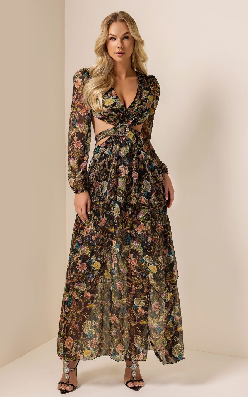 Chiffon Paisley Print Long Sleeve Midi Dress