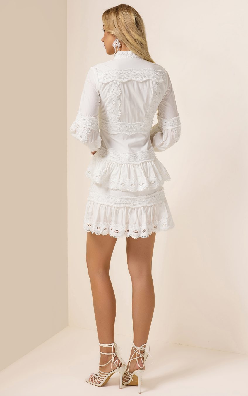 Solid Lace Ruffle Lantern Sleeve Mini Dress