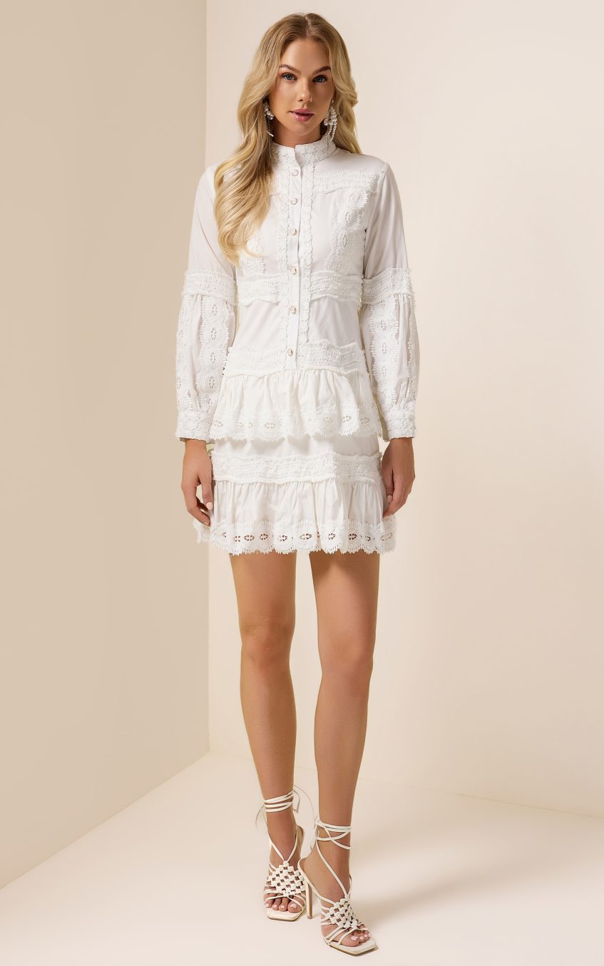 Solid Lace Ruffle Lantern Sleeve Mini Dress