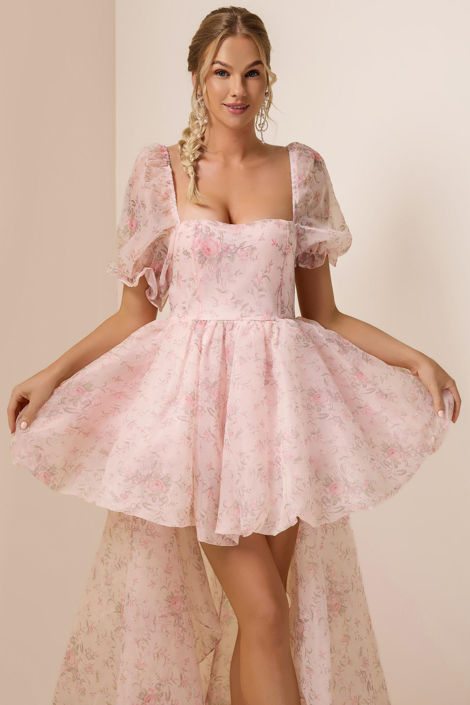 Floral Puff Sleeve Square Neck Mini Dress