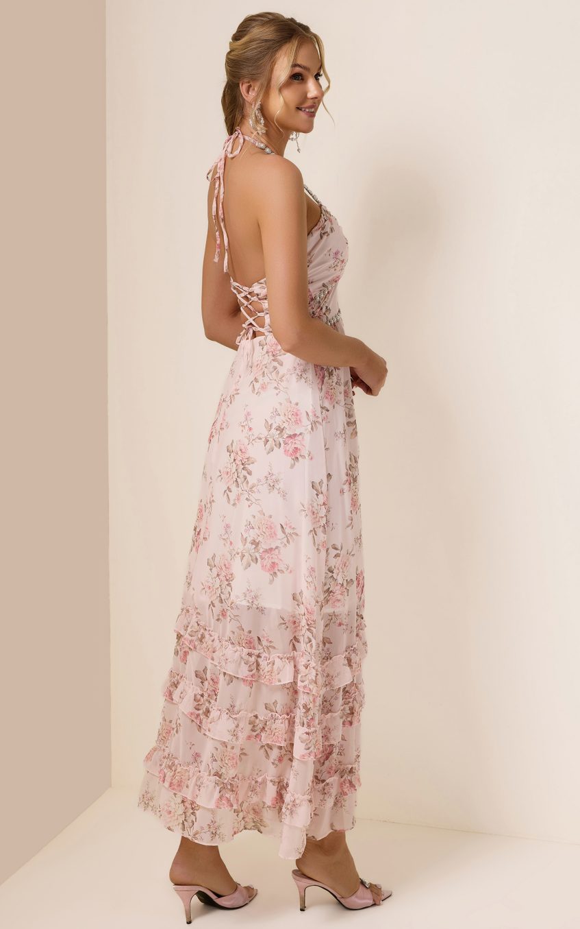 Floral Faux Pearl Frill Split Maxi Dress
