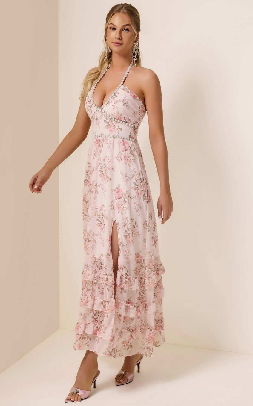Floral Faux Pearl Frill Split Maxi Dress