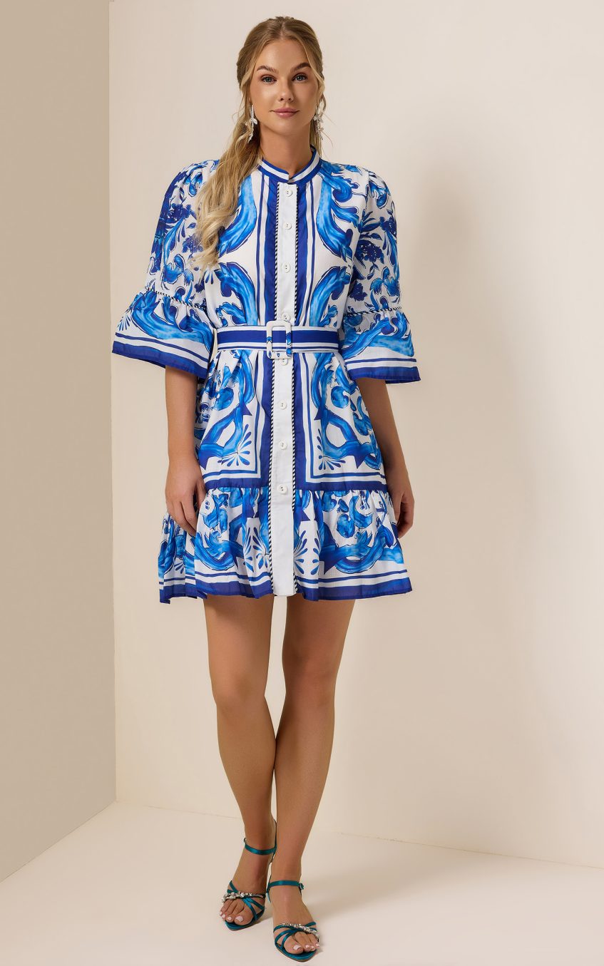 Paisley Print Bell Sleeve Mini Dress With Belt