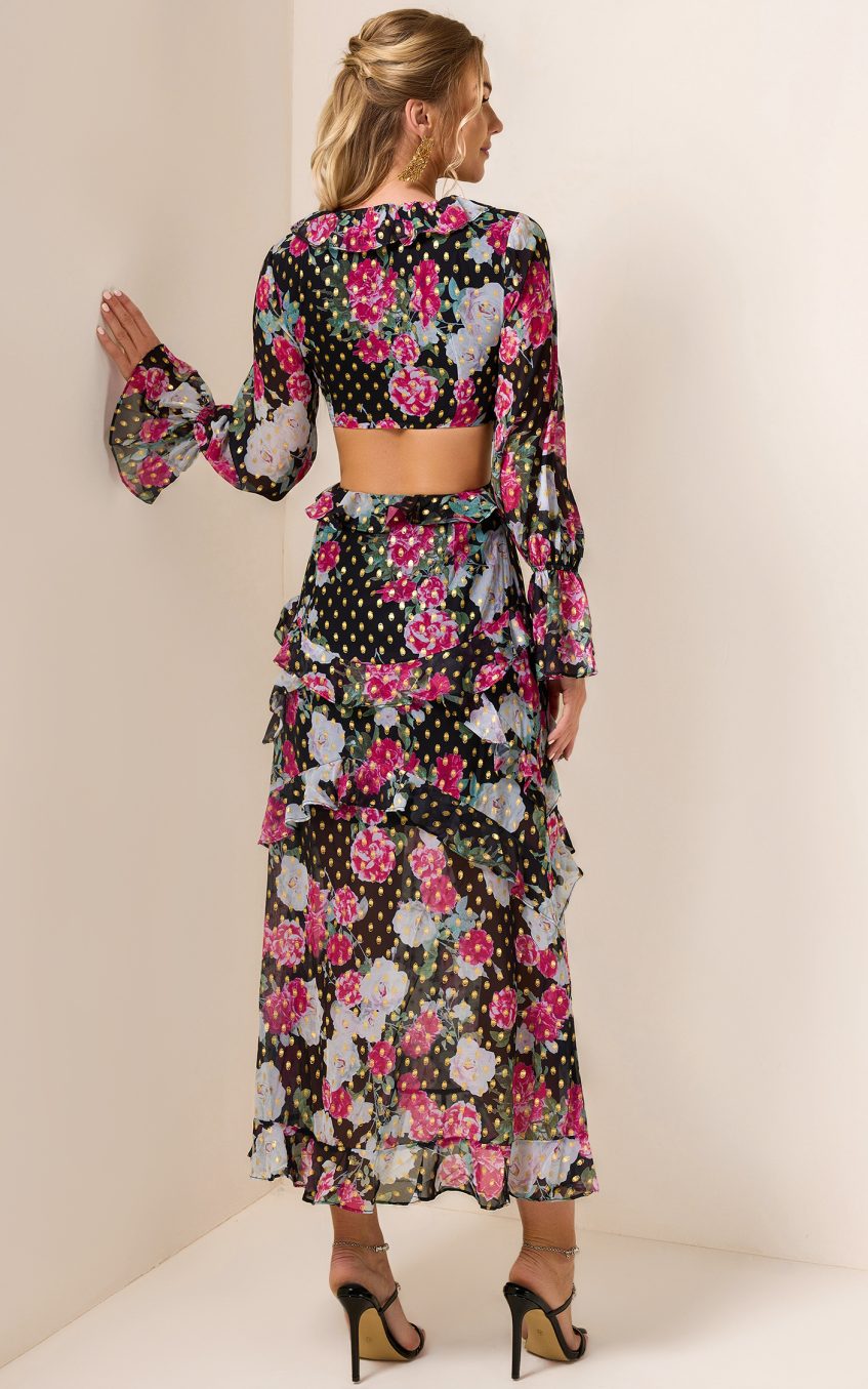 Floral Gold Foil Stamping Frill Midi Dress