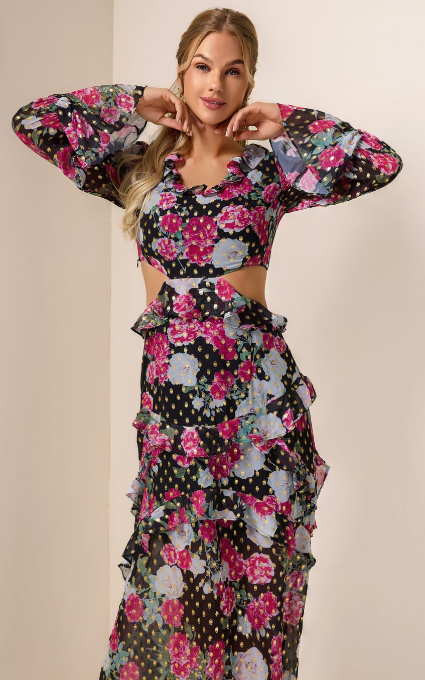 Floral Gold Foil Stamping Frill Midi Dress