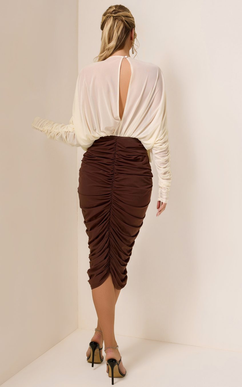 3D Flower Shirring V-Neck Midi Dress