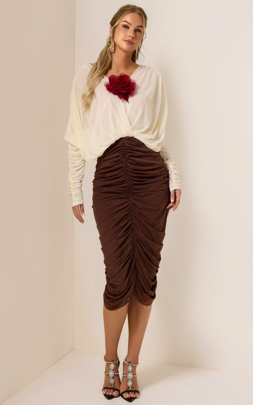 3D Flower Shirring V-Neck Midi Dress