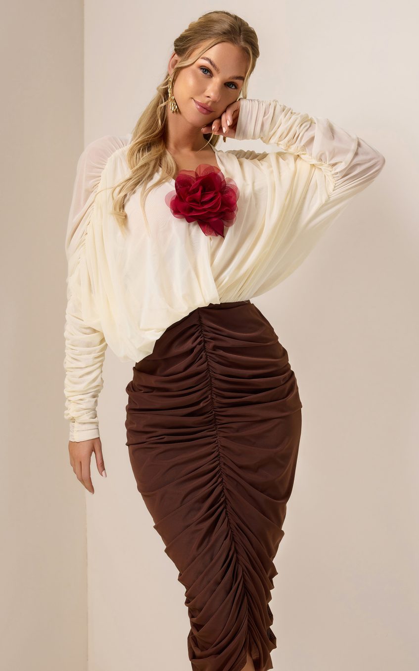 3D Flower Shirring V-Neck Midi Dress