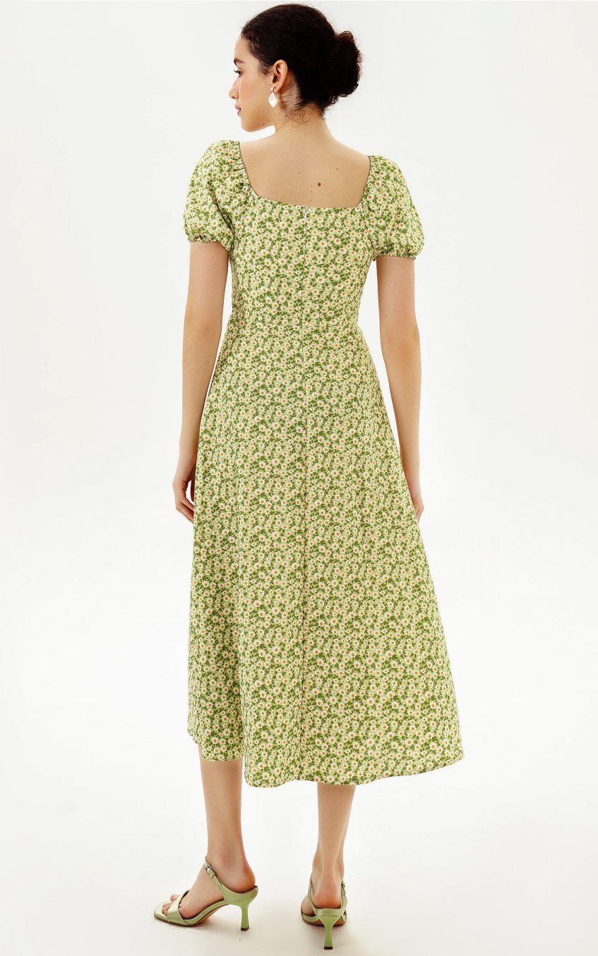 Floral Slit Puff Sleeve Midi Dress