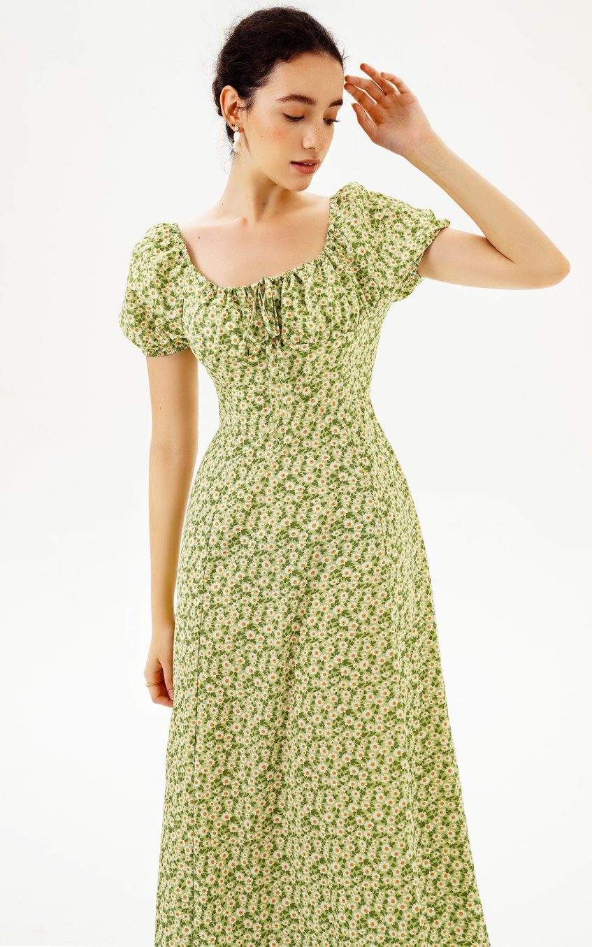 Floral Slit Puff Sleeve Midi Dress