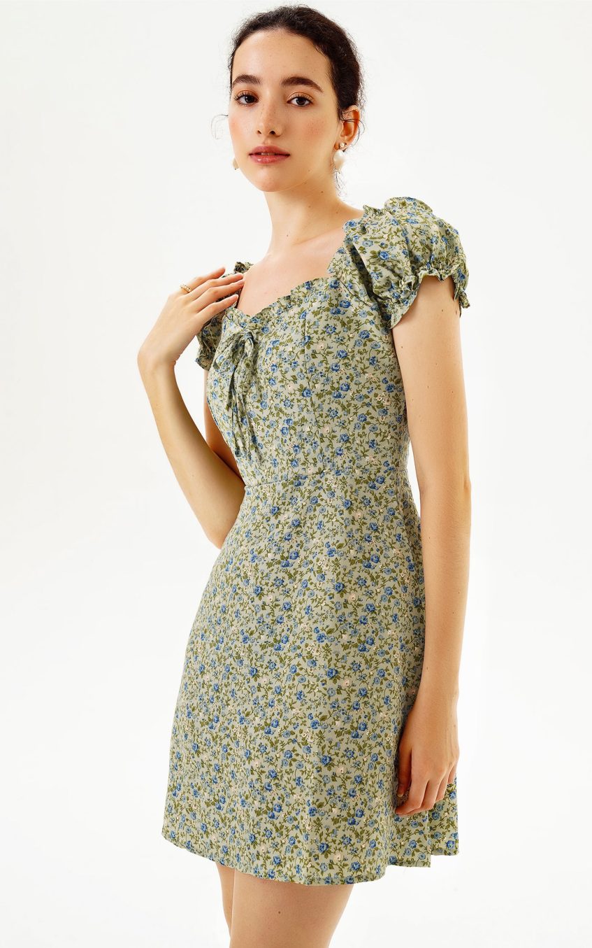 Short Sleeve U-Neck Print Mini Dress Green